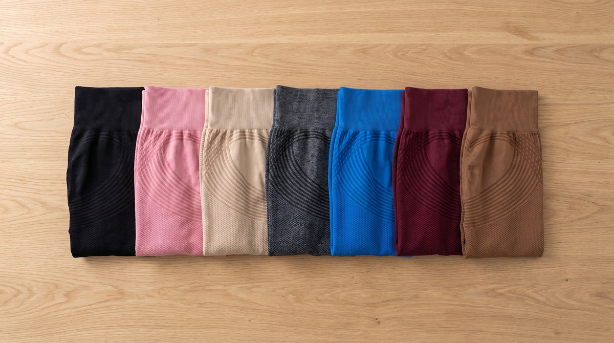 3D-formende leggings i syv farver: sort, rosa, beige, grå, blå, bordeauxrød og brun