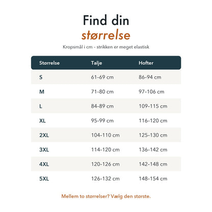 Størrelsesguide: talje- og hoftemål for str. S til 5XL