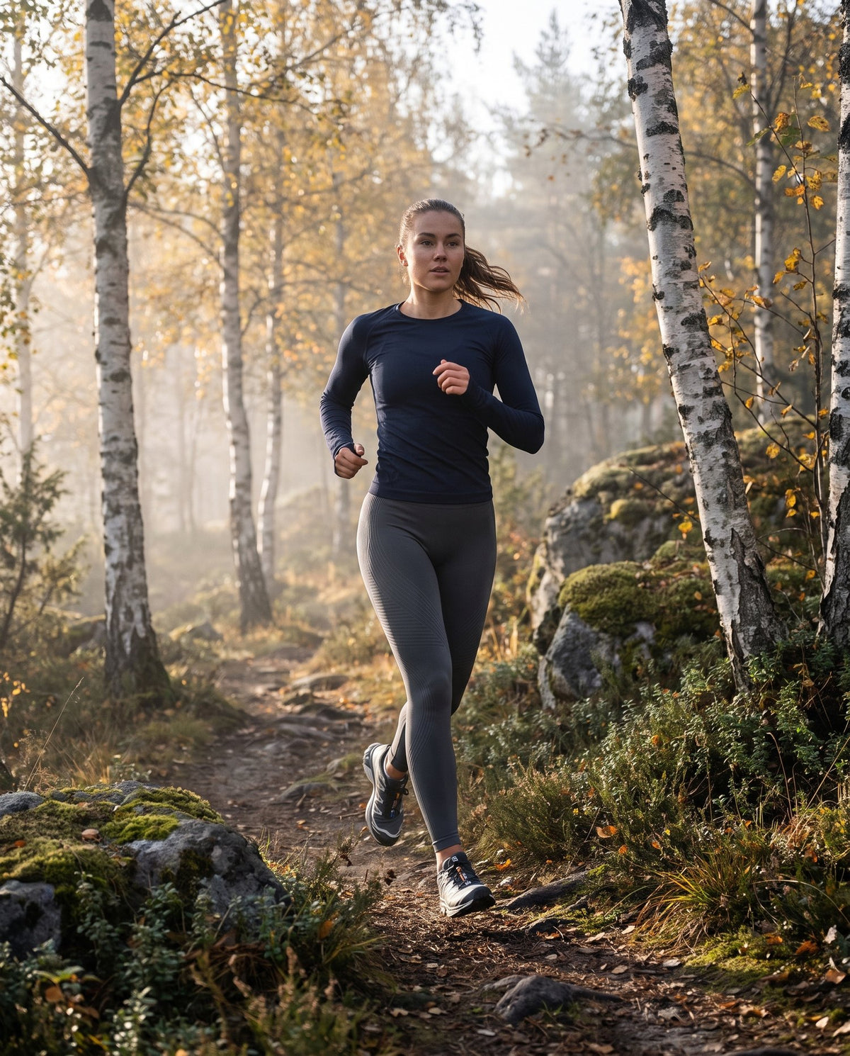 Kvinde i grå 3D-leggings løber i en nordisk birkeskov