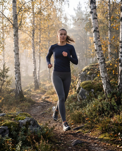 Kvinde i grå 3D-leggings løber i en nordisk birkeskov